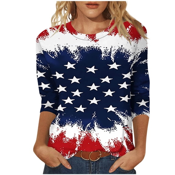 UPPADA 4th of July American Flag Shirt for Women 3/4 Sleeve Patriotic Shirt Usa Flag Star Stripes Graphic Tees Summer Crewneck Tunic Tops,Womens Shirts Graphic Blue,2XL