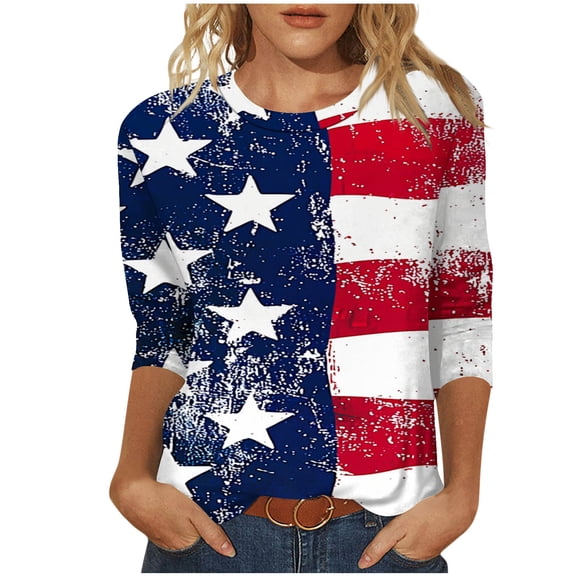 UPPADA 4th of July American Flag Shirt for Women 3/4 Sleeve Patriotic Shirt Usa Flag Star Stripes Graphic Tees Summer Crewneck Tunic Tops,Womens Tops Casual 3/4 Sleeves Blue,L