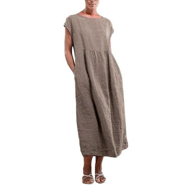 UPPADA Baggy Kaftan Long Dress for Women Plus Size Linen Dress Summer Casual Sleeveless Crewneck Pockets Maxi Dress