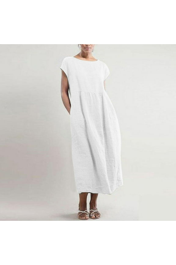 Baggy Kaftan Long Dress for Women Plus Size Linen Dresses Summer Casual Sleeveless Crewneck Pockets Maxi Dress