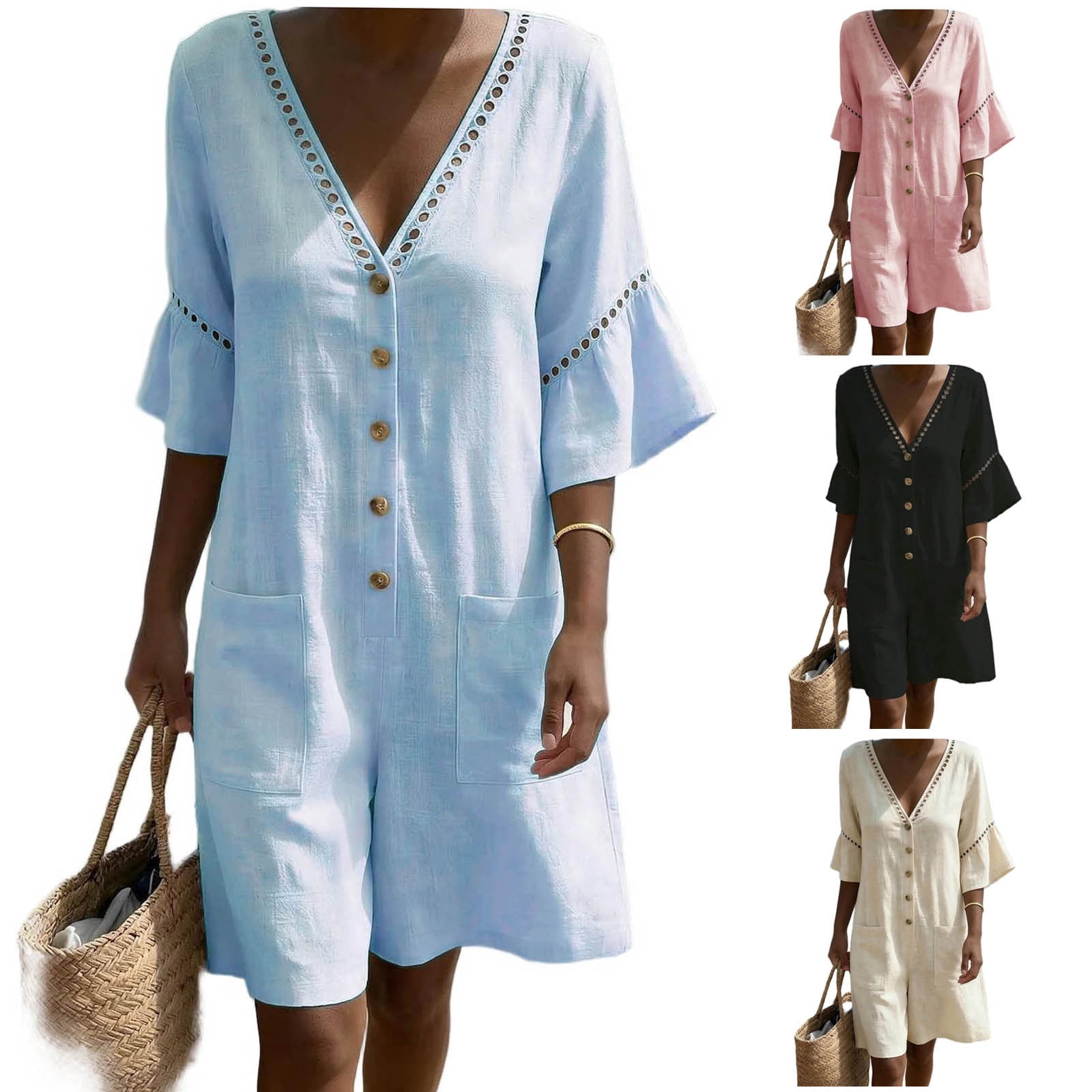 UPPADA Beach Jumpsuits for Women Casual V Neck Eyelet Trim Romper Short Sleeve Button Linen Overall Vacation Outfits with Pockets Blue,S