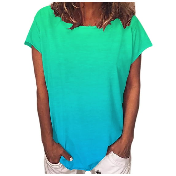 UPPADA Birthday Gifts for Women Women Summer Tops, Women's Gradient Print Shirts Short Sleeve Top Round Neck Hide Belly Tunic Summer Casual T Shirt blusas para mujer casuales y elegantes