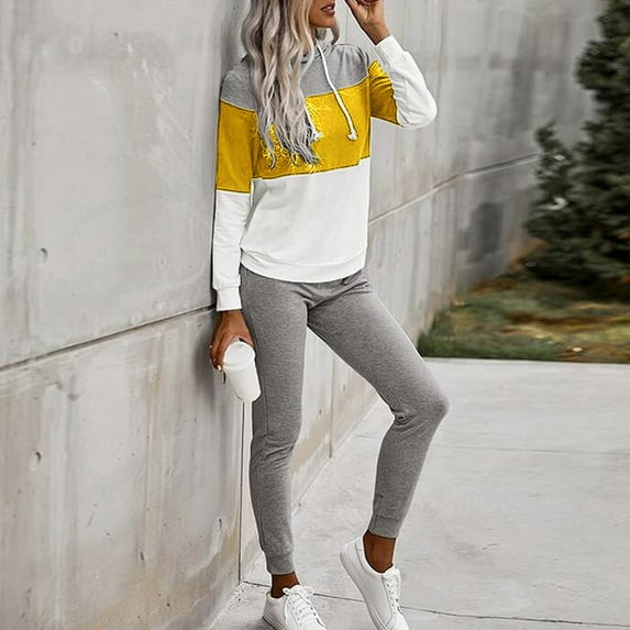 UPPADA Birthday Outfit for Women,Sweatsuit for Women 2 Piece Outfits Crewneck Sweatshirts Pullover Tops Jogger Pants Lounge Wear Sets with Pockets Yellow,M