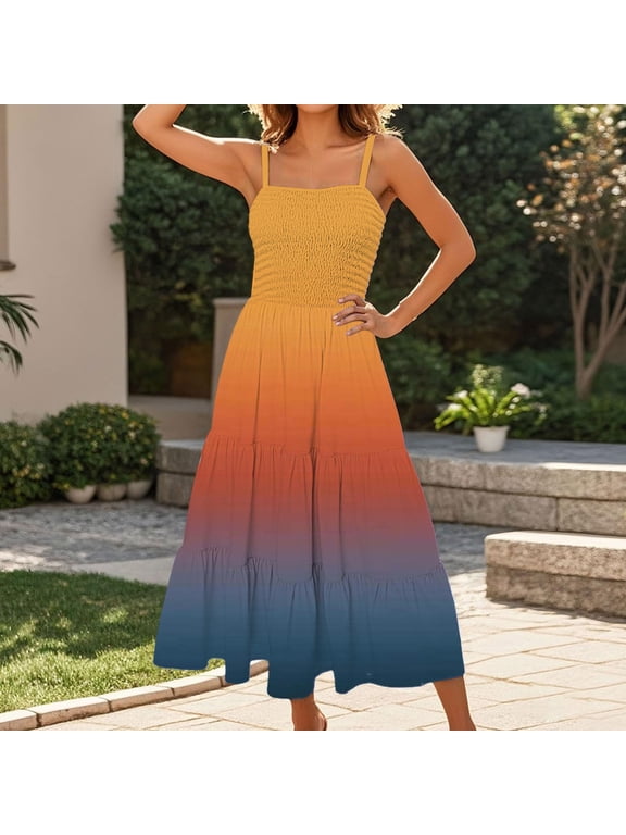 Boho Beach Dress Womens Floral Print Maxi Dress Spaghetti Straps Square Neck Ruched Bust Dress for Casual Beach Dress Multicolor,S