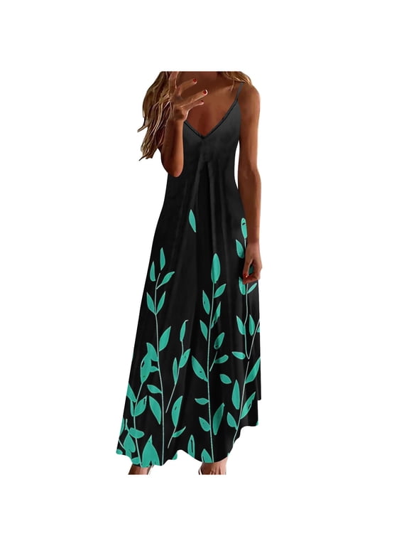 Boho Dress for Women Summer Maxi Dress V Neck Sundress Floral Print Sleeveless Long Dress Floral Print Casual Dress,XXL