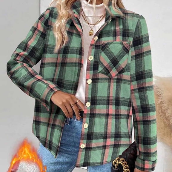 UPPADA Buffalo Plaid Shirt Womens Flannel Shacket Shirt Button Down Long Sleeve Plaid Shirts Lapel Collared Business Casual Shirts,Green Shirts for Women Trendy,M