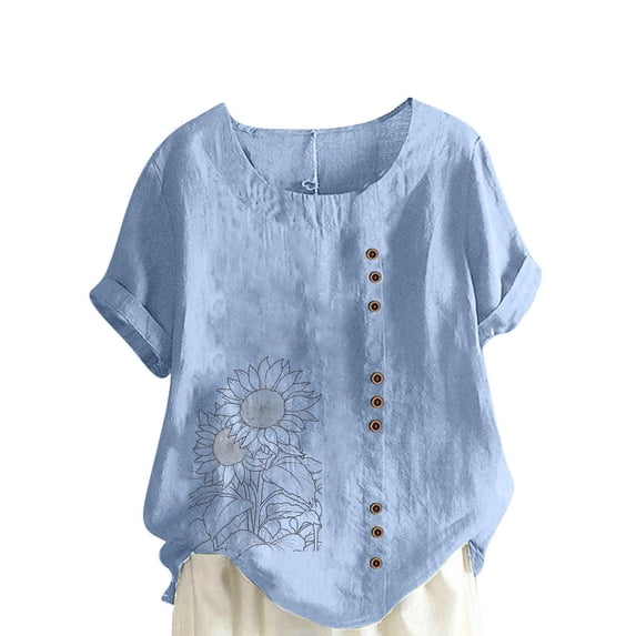 UPPADA Button Down Summer Shirts Womens Crewneck Cotton Linen Floral Print Shirts Vintage Trendy Loose Fit Tunic Blosues Light Blue,XXL