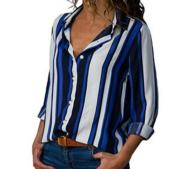 UPPADA Button Down Shirt for Women Long Sleeve Striped Tshirts V Neck Business Casual Tops Lightweight Fall Blouses Ladies Classy Outfits Blue,M