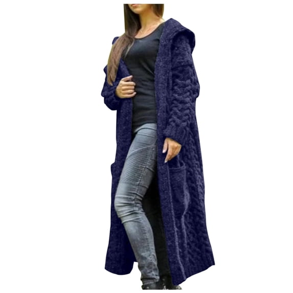 UPPADA Cable Knit Sweaters for Women Oversized Long Open Front Hooded Sweaters Fall Winter Cardigans Outwear Plus Size Chunky Sweatshirts with Pockets Blue,L