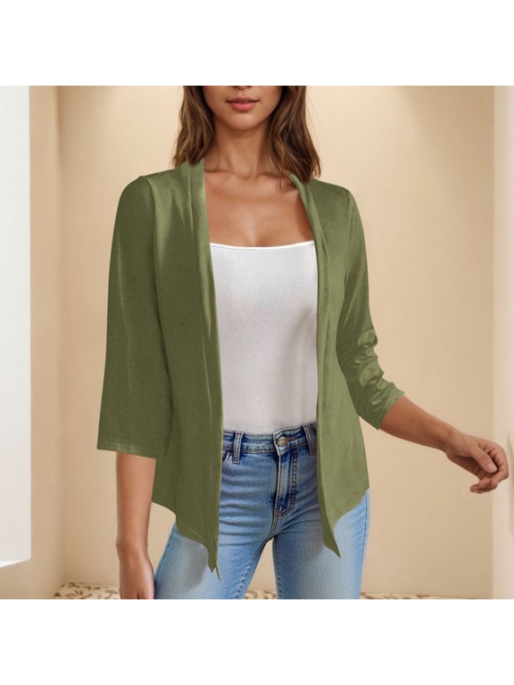 Cardigan Blazer for Women 3/4 Sleeve Soft Comfy Front Open Cardigans Lightweight Cardigan Flowy Irregular Hem Blouses Army Green,L