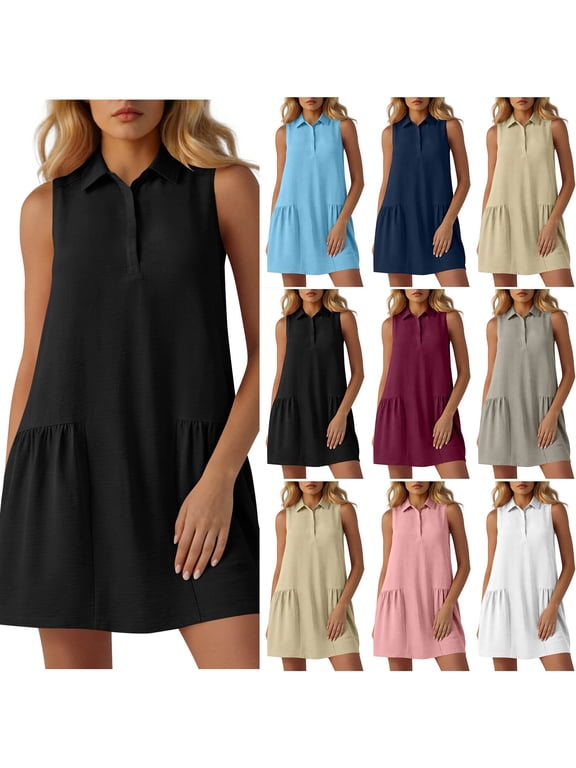Casual Tank Dresses for Womens Summer Sleeveless Polos Dresses Ruffle Hem Flowy Sundresses V Neck Shirt Mini Dresses with Pockets Gray,XL