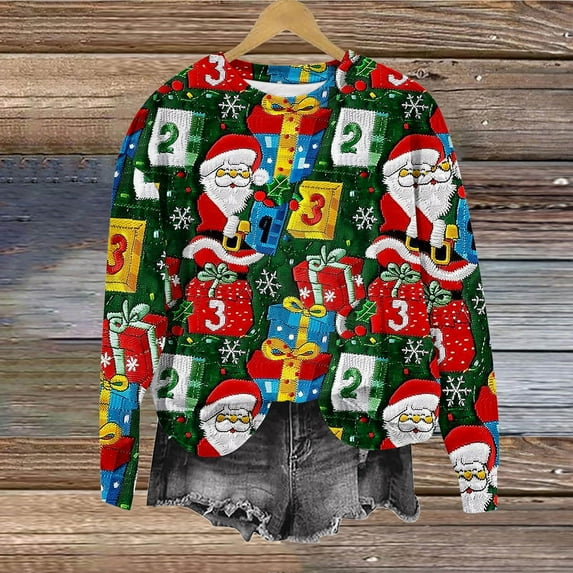 UPPADA Christmas Crewneck Sweatshirt for Woman Funny Xmas Tree Santa Claus Print Pullover Tops Fall Winter Trendy Clothes camiseta de grinch para mujer Multicolor,XL