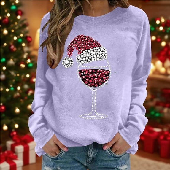 UPPADA Christmas Sweatshirts for Women Funny Xmas Tree Print Christmas Pullover Tops Graphic Crewneck Shirts Xmas Long Sleeve Shirts Holiday Blouses fall savings Purple,M