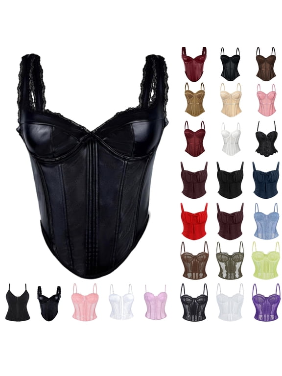 Corset Belt for Women Vintage Shapewear Overbust Bustier Push Up Lingerie Top Shoulder Strap Bodysuit Lace Up Cami Tops Coffee,L