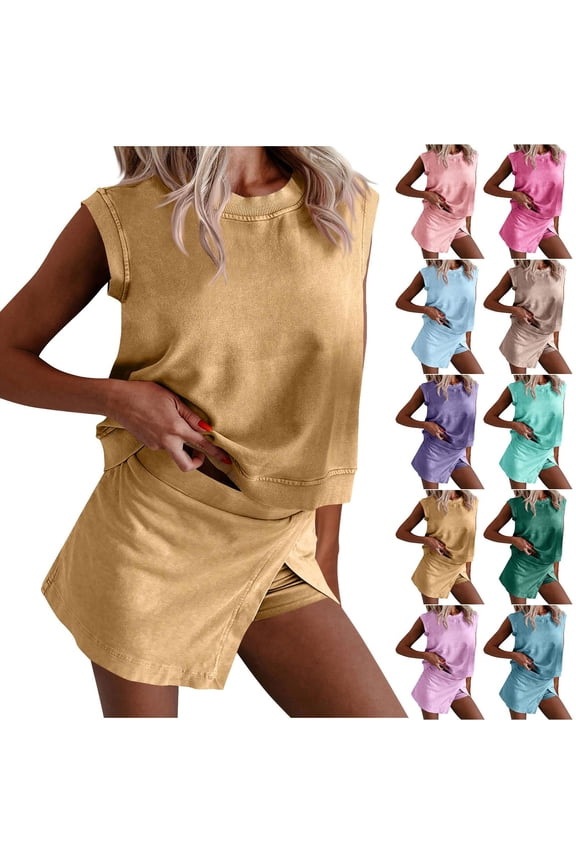 Cotton 2 Piece Lounge Set for Womens Trendy Short Outfits Sleeveless Crew Neck Crop Top and Wrap Skort with Shorts Two Piece Summer Casual Beach Vacation Khaki,L