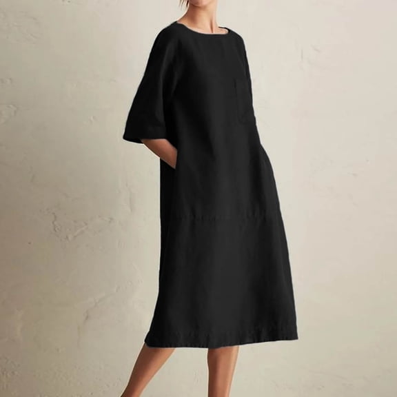 UPPADA Cotton Linen Dresses for Women Casual Summer Baggy Long Dress With Pockets Women's Plus Size Loose Fit Kaftan Dresses Solid Maxi Dress Half Sleeve Sundress