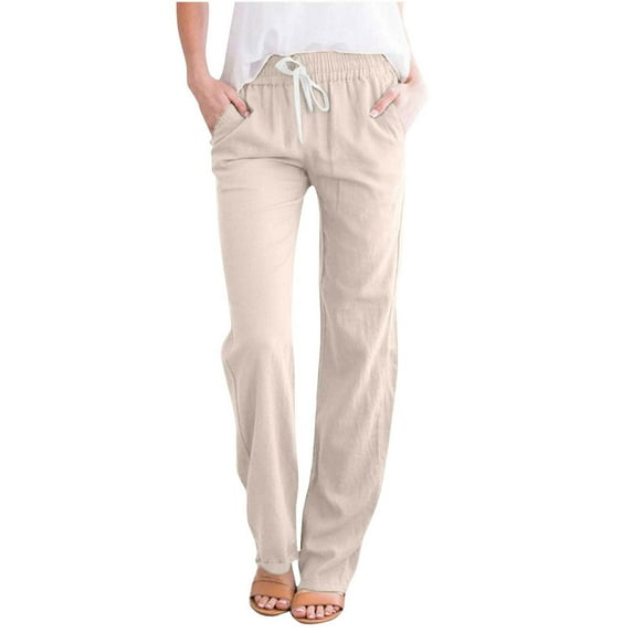 UPPADA Cotton Linen Pants for Women Summer Casual Elastic High Waist Long Pants Solid Color Palazzo Pants with Pockets