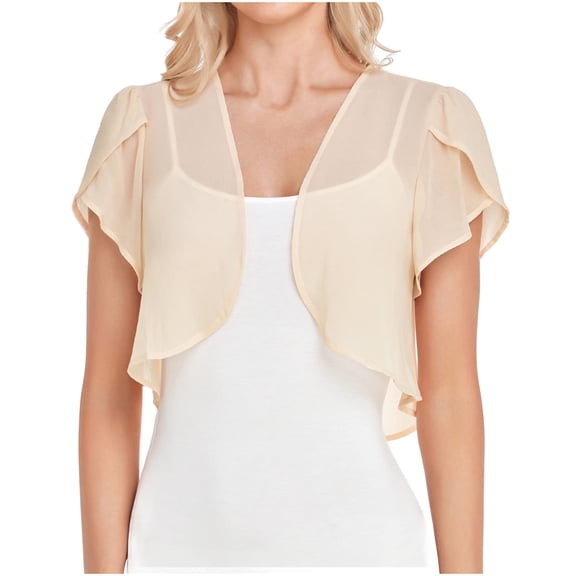UPPADA Crop Cardigans for Women Trendy Lightweight Chiffon Open Front Cute Ruffle Sleeve Tunic Tees Basic Casual Shirts Beige,M