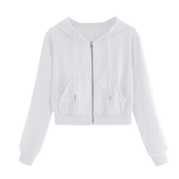 UPPADA Crop Crew Neck Sweatshirts Women Solid Basic Long Sleeve Tunic Blouses Lightweight Pullover Tops with Pockets White,L