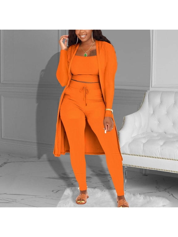 Crop Top Outfits for Women 3 Piece Sets,Womens 3 Piece Casual Outfits Open Front Rib Cardigan Crop Tank Tops and Wide Legs Pants Lounge Sets Fall Sweatshirts Set Orange,L
