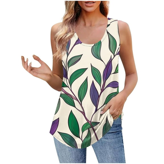 UPPADA Cute Tank Tops for Women Trendy Crewneck Floral Summer Tops Sleeveless Blouses Dressy Casual Graphic Tank Tops Beige,S
