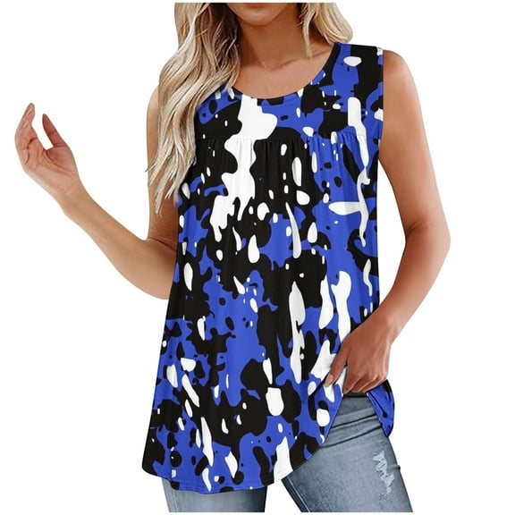 UPPADA Cute Tank Tops for Women Trendy Crewneck Floral Summer Tops Sleeveless Blouses Dressy Casual Graphic Tank Tops Blue,M