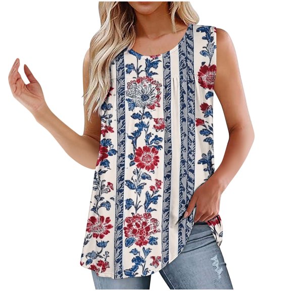 UPPADA Cute Tank Tops for Women Trendy Crewneck Floral Summer Tops Sleeveless Blouses Dressy Casual Graphic Tank Tops Navy,S