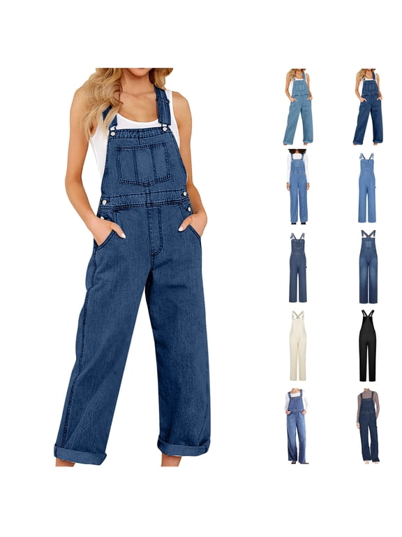 Denim Jumpsuit for Women Sleeveless Summer Rompers Bib Overalls Denim Wide Leg Long Jumpsuit Baggy Denim Bib Overalls Loose Jean Jumpsuit Stretchy Pants with Pockets Blue,S