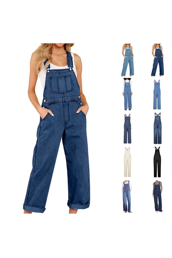 Denim Jumpsuit for Women Sleeveless Summer Rompers Bib Overalls Denim Wide Leg Long Jumpsuit Baggy Denim Bib Overalls Loose Jean Jumpsuit Stretchy Pants with Pockets Blue,S