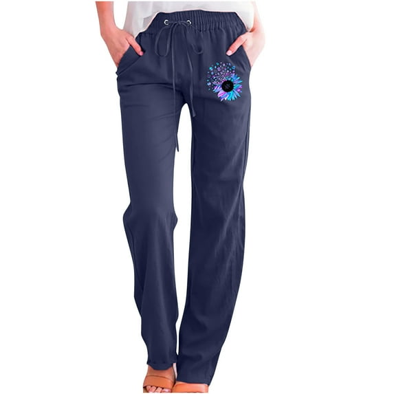 UPPADA Dressy Pants for Women 2024 Cotton Pants for Women Cozy Elastic Waist Sweatpants Floral Printed Joggers Lightweight Straight Leg Trousers Pocket,Pants for Women Trendy