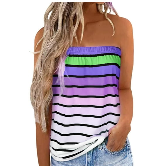 UPPADA Dressy Tank Top for Women Tube Tops Colorful Striped Vest Loose Fit Basic Shirts Fashion off the Shoulder Tees