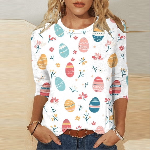 UPPADA Easter Shirts for Women 3/4 Sleeve Crew Neck Tops Cute Eggs Bunny Print T-Shirt Casual Loose Fit Basic Tees Summer Workout T-Shirts White,XL