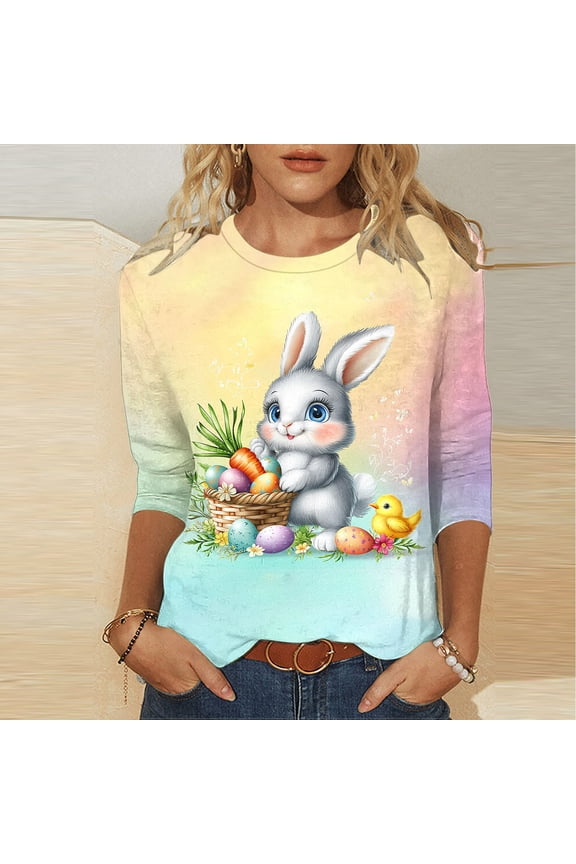 Easter Shirts for Women 3/4 Sleeve Crew Neck Tops Cute Eggs Bunny Print T-Shirt Casual Loose Fit Basic Tees Summer Workout T-Shirts Yellow,L