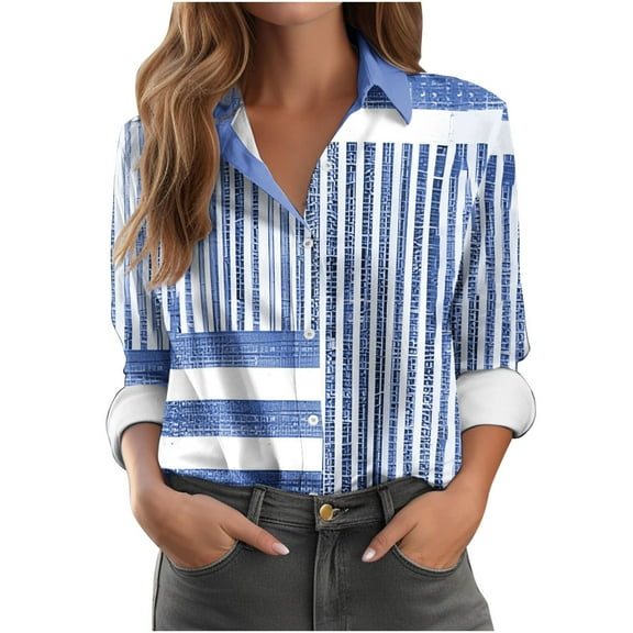 UPPADA Fall Blouses for Women Dressy Long Sleeve V Neck Shirts Trendy Button Down Tshirt Loose Fit Outwear Business Casual Shirts Womens Tops Fall Navy,XXL