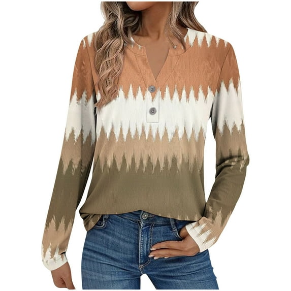 UPPADA Fall Blouses for Women Trendy Long Sleeve Henley Shirts Floral Print V Neck Tunic Tops Loose Dressy Button Front Blouses Boho Trendy Shirt Khaki,S