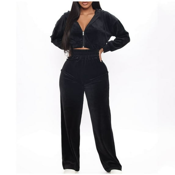 UPPADA Fall Outfit Sets for Women 2 Piece Outfits Velvet Sweatsuit Set Casual Long Sleeve Pullover Tops and Wide Leg Sweatpant Tracksuit Sets Lounge Matching Set Black,L