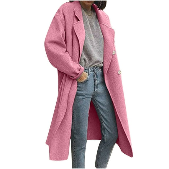 UPPADA Fall Peacoats for Women Wool Blend Notched Lapel Single Breasted Coat Winter Button Long Sleeve Jackets Outerwear Warm Overcoats Pink,M