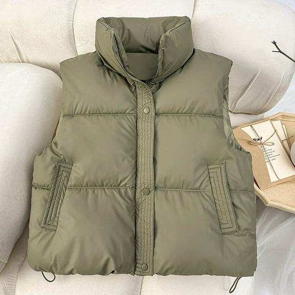 UPPADA Fall Puffer Jackets for Women Trendy Puffer Vest Lightweight Stand Collar Sleeveless Quilted Jackets Button Fall Spring Zip up Coat Outerwear Green,XL