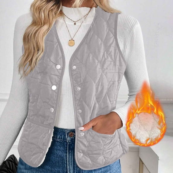 UPPADA Fall Puffer Jackets for Women Trendy Puffer Vest Lightweight Stand Collar Sleeveless Quilted Jackets Button Fall Spring Zip up Coat Outerwear Snow Coats for Women Gray,M