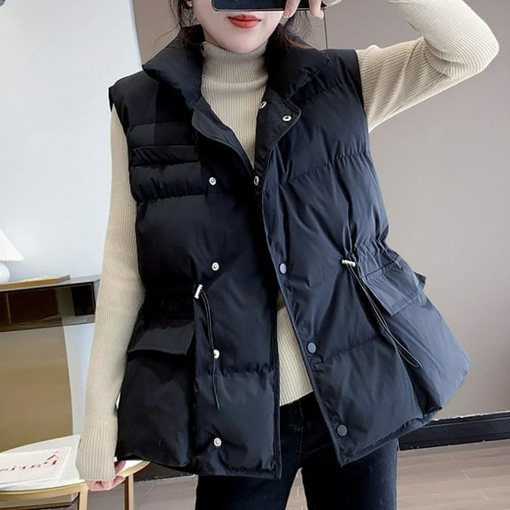 UPPADA Fall Puffer Jackets for Women Trendy Puffer Vest Lightweight Stand Collar Sleeveless Quilted Jackets Button Fall Spring Zip up Coat Outerwear Womens Puffer Vest Mid Length Black,M