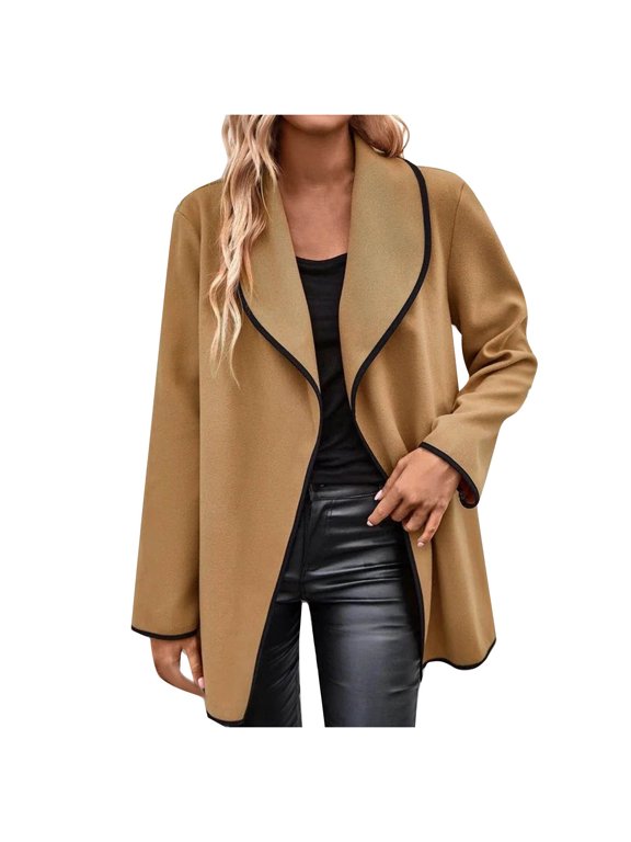 Fall Trench Coat for Women Solid Lapel Woolen Button Up Long Sleeve Breasted Trench Coat Long Outwear Wool Clothing Khaki,M