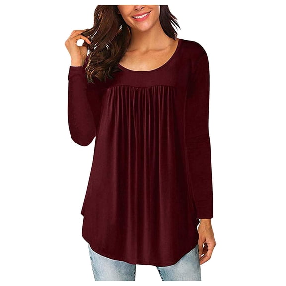 UPPADA Fashion Womens Pleated Tunic Tops to Wear with Leggings Long Sleeve Round Neck Blouse Shirts Solid Color Loose Tunics