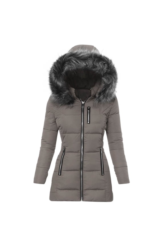 Faux Fur Hooded Winter Coats for Women Thicken Puffer Jacket Quilted Bubble Coat Waterproof Warm Long Puffer Jacket Parka Outwear with Pockets,Lady Line Windbreaker Gray,XXL