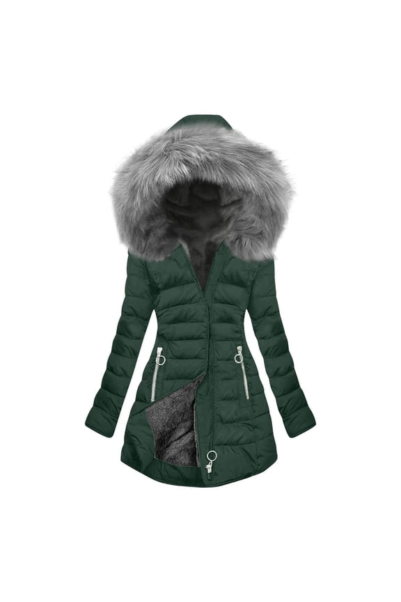 Faux Fur Hooded Winter Coats for Women Thicken Puffer Jacket Quilted Bubble Coat Waterproof Warm Long Puffer Jacket Parka Outwear with Pockets,Long Puffer Coat with Hood Army Green,S