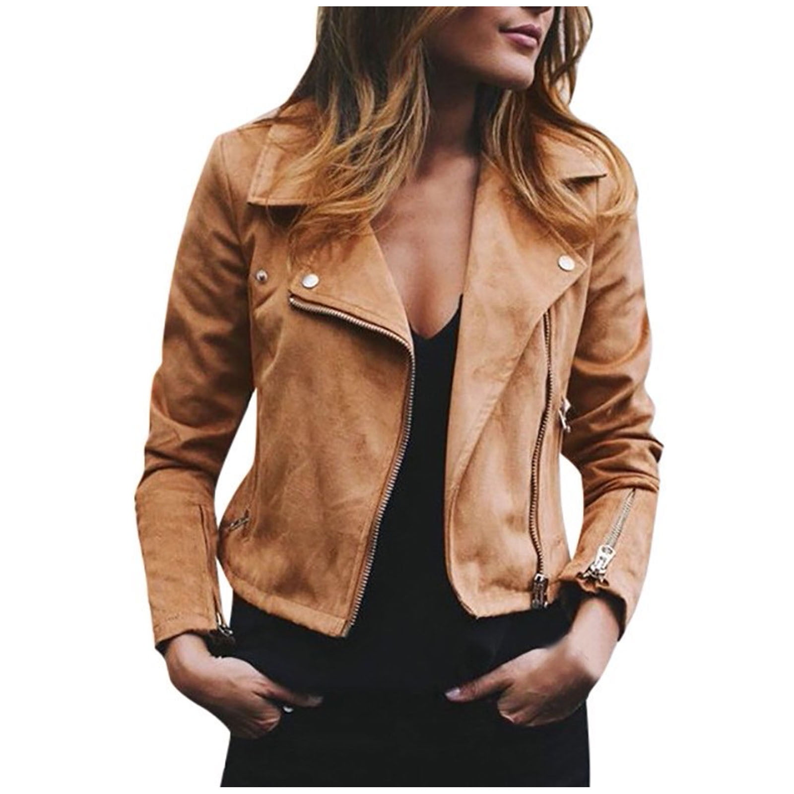 UPPADA Faux Leather Jackets for Women,Womens Fall Winter Long Sleeve Zipper Motorcycle Jacket Solid Color Cool Outerwear