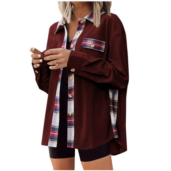 UPPADA Flannel Plaid Shirts for Women Long Sleeve Button Down Shirts Casual Loose Blouses Tops with Pockets Wine,XL