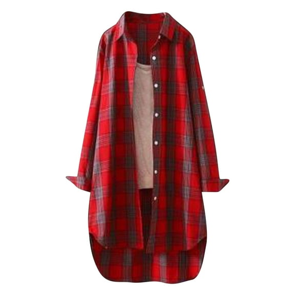 UPPADA Flannel Shirts for Women Button up Plaid Shirt Long Loose Fit Shacket Jacket Lightweight Blouses with Pockets Red,XXL