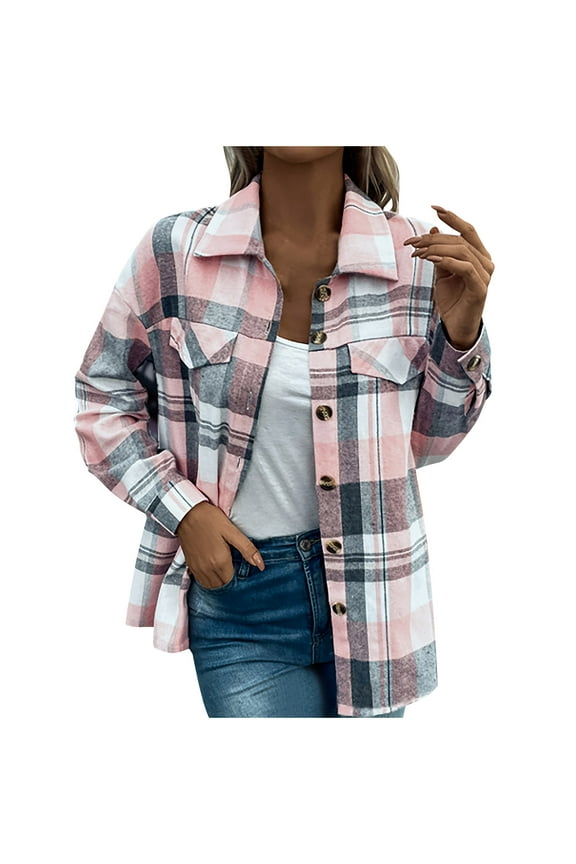 Flannel Shirts for Women Casual Plaid Dressy Tops Long Sleeve Button Down Shirts Curved Hem Blouses with Pockets Pink,XL