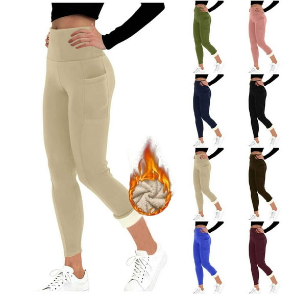 UPPADA Fleece Lined Tights Womens Warm Fleece Lined Holiday Leggings Solid Color Leggings Thick Tights for Winter Thermal Pants Base Layer Beige,S