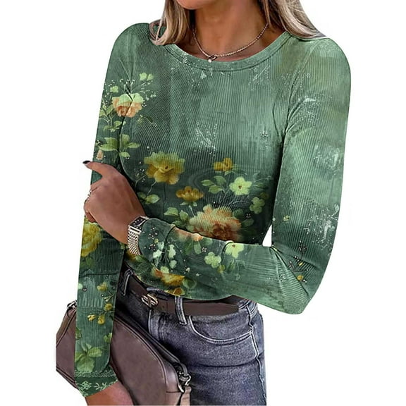 UPPADA Floral Blouses for Women Dressy Cute Long Sleeve Shirts Casual Crewneck Basic Shirts Comfy Fall Spring Clothes Outwear Trendy Tunic Blouses Army Green,M